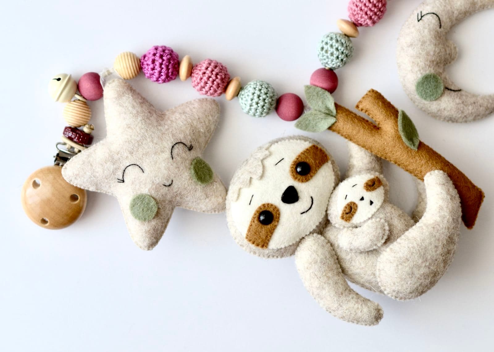 Kinderwagenkette Faultier Beige mit Stern - 2